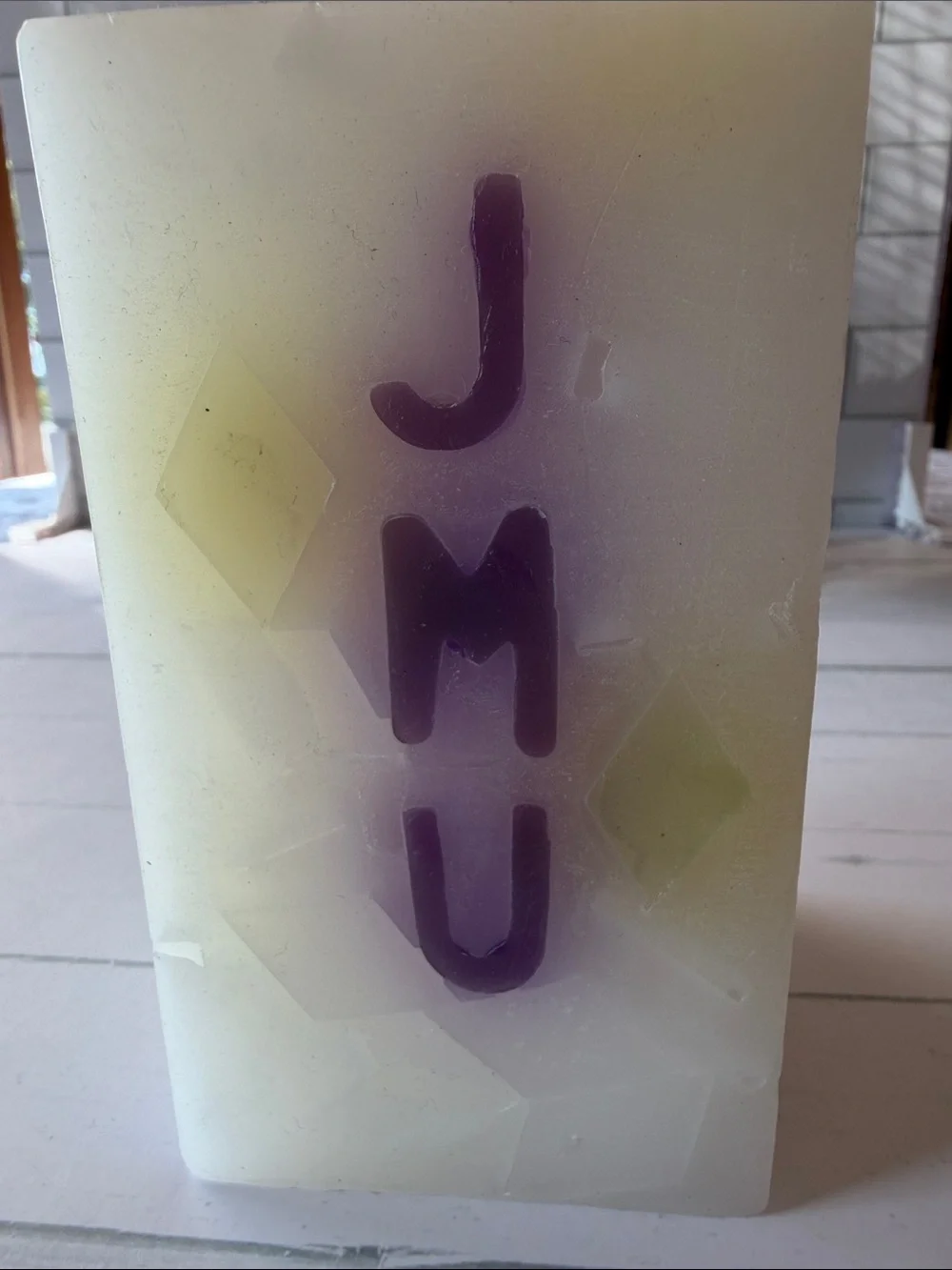 JMU White Pillar Candle with Purple Inlay